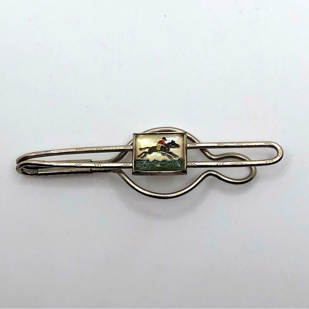 Vtg Glass Jockey & Horse Silver Tone Metal Tie Bar Clip 2.5”